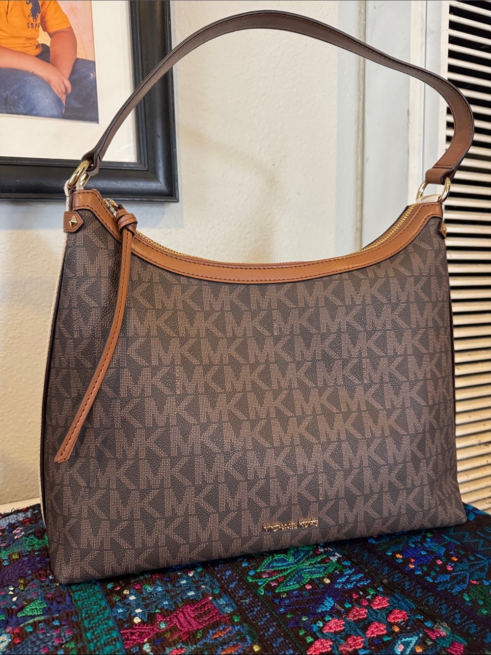 Michael Kors Brown and Tan MK Monogram Shoulder Bag